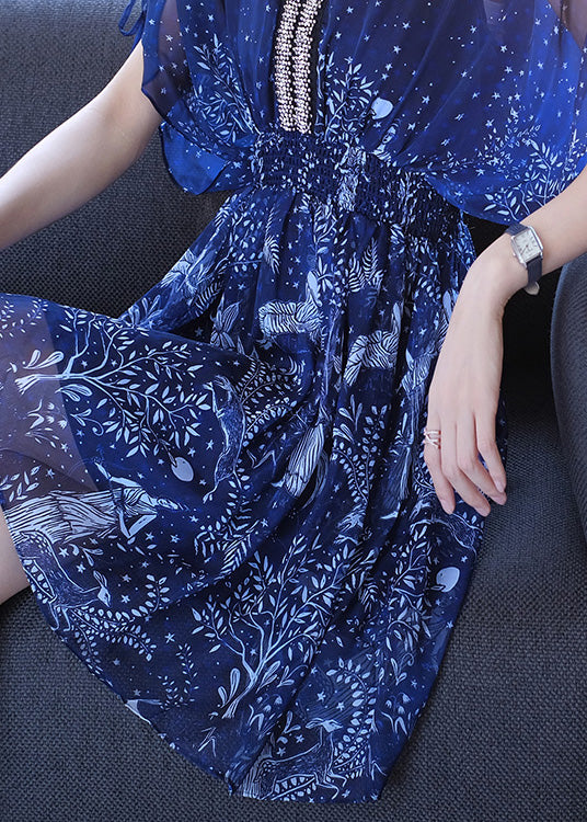 Blue V Neck Print Nail Bead Chiffon Dresses Batwing Sleeve