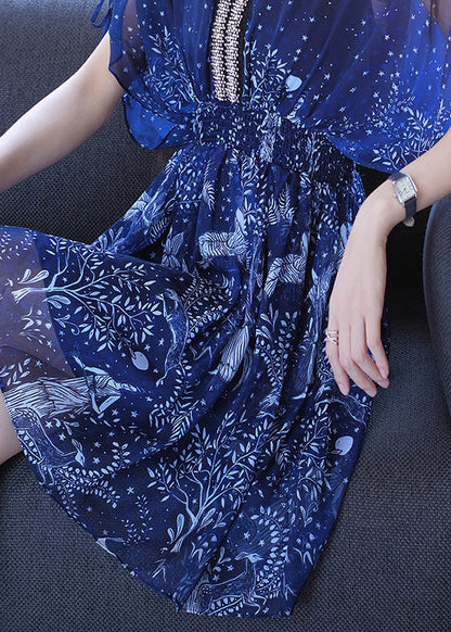 Blue V Neck Print Nail Bead Chiffon Dresses Batwing Sleeve