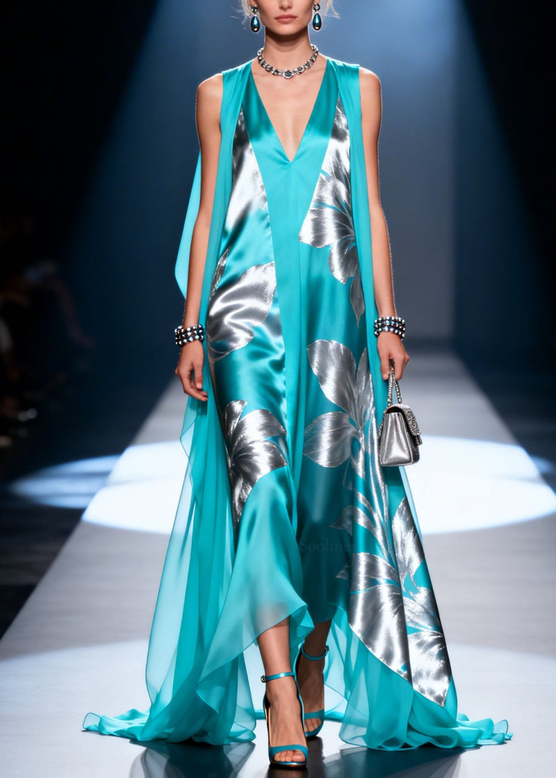 Blue V Neck Print Patchwork Chiffon Dresses Summer