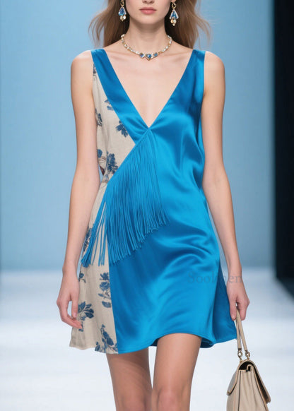 Blue V Neck Print Patchwork Silk Dresses Summer