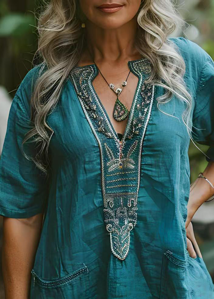 -blue-v-neck-print-pockets-plus-size-cotton-top-summer
