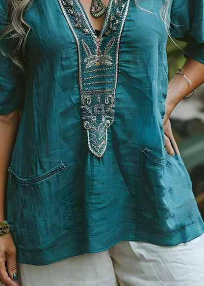 -blue-v-neck-print-pockets-plus-size-cotton-top-summer