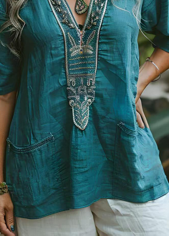 -blue-v-neck-print-pockets-plus-size-cotton-top-summer