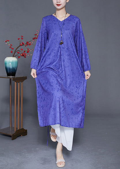 Blue V Neck Print Side Open Silk Cinched Dress Summer