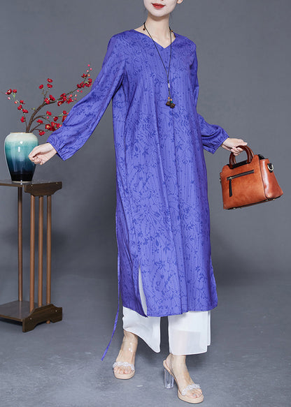 Blue V Neck Print Side Open Silk Cinched Dress Summer