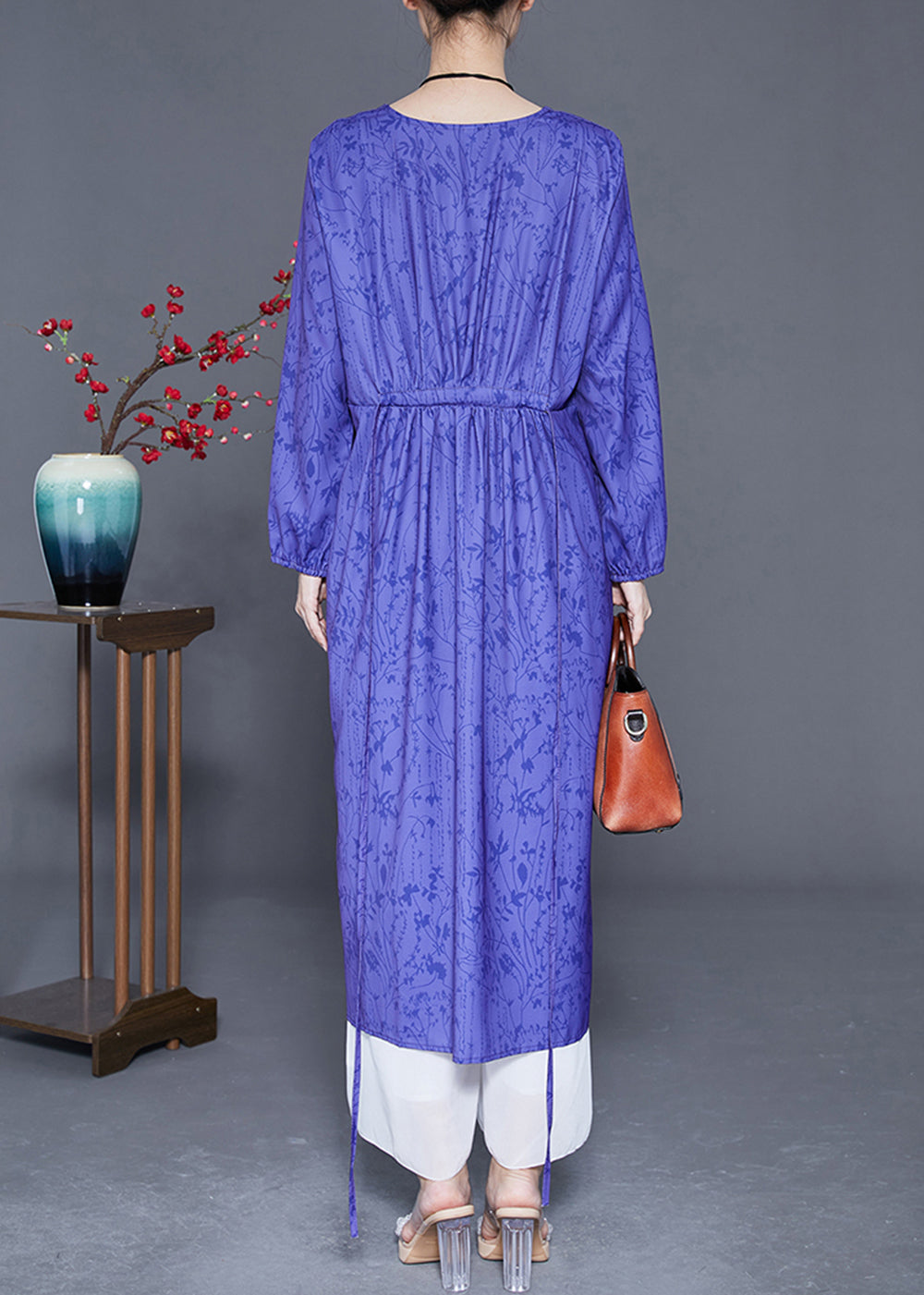 Blue V Neck Print Side Open Silk Cinched Dress Summer