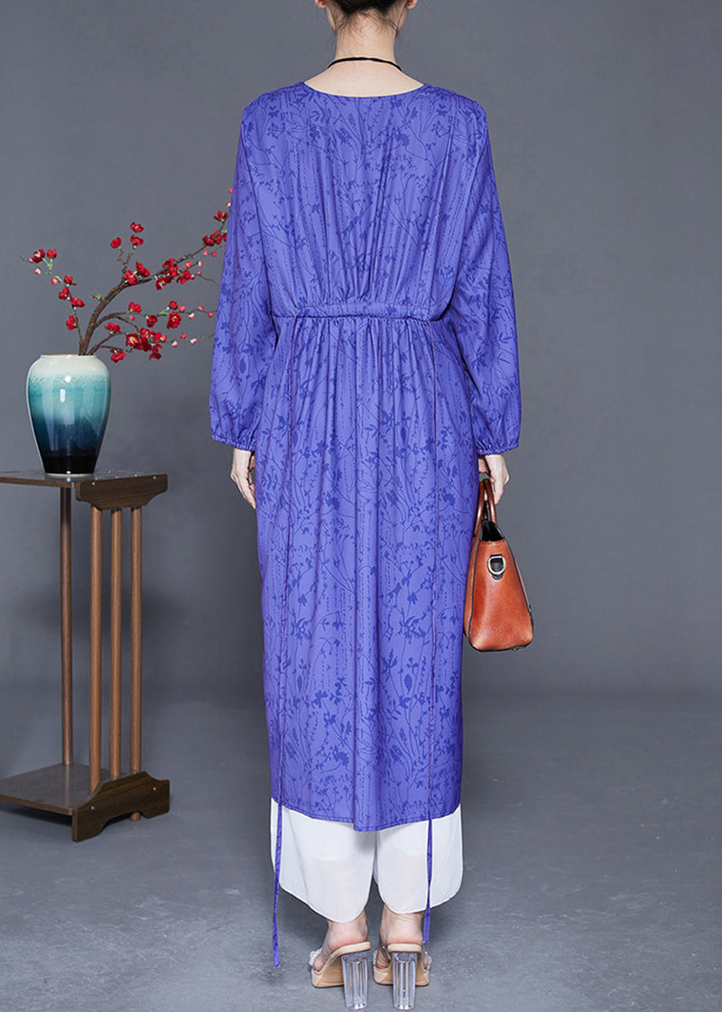Blue V Neck Print Side Open Silk Cinched Dress Summer