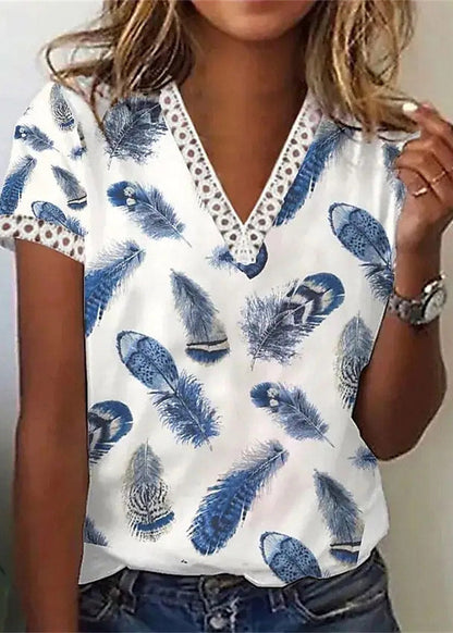 Blue V Neck Print Top Short Sleeve