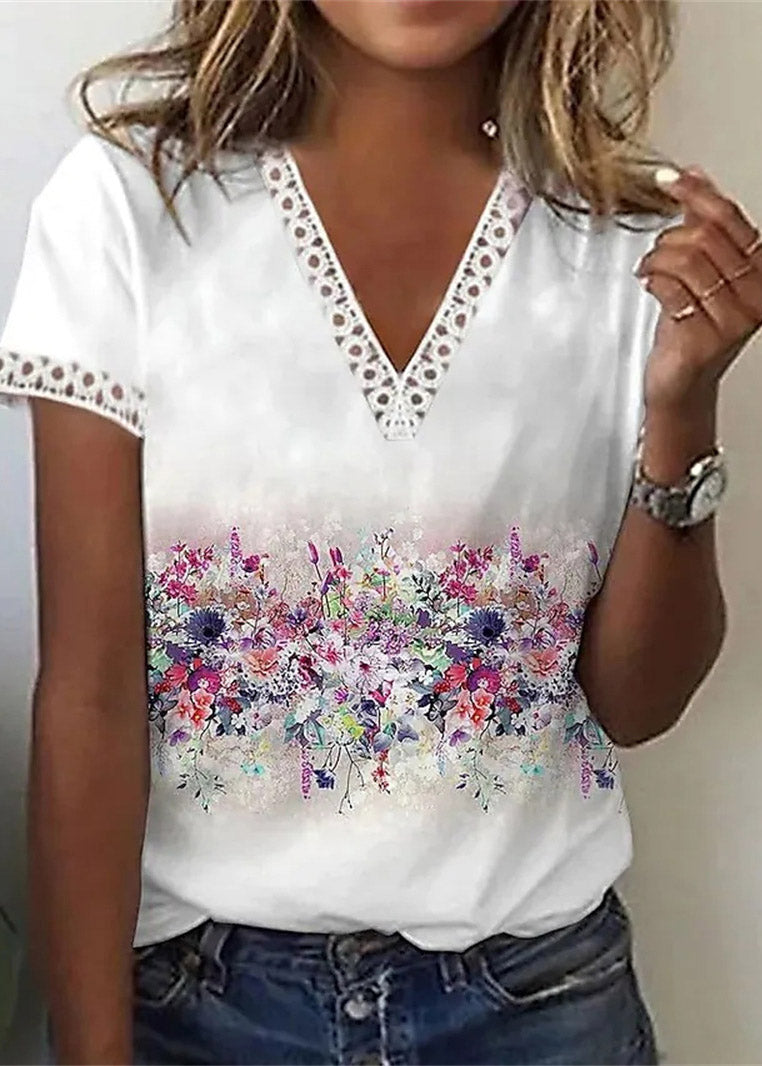 Blue V Neck Print Top Short Sleeve
