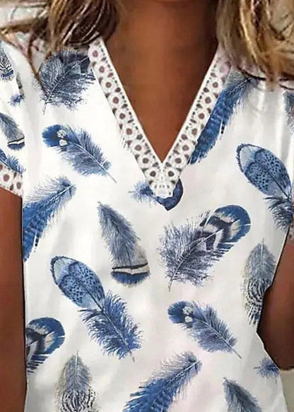 Blue V Neck Print Top Short Sleeve