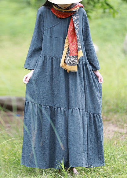 Blue V Neck Patchwork Cotton Long Dresses Spring