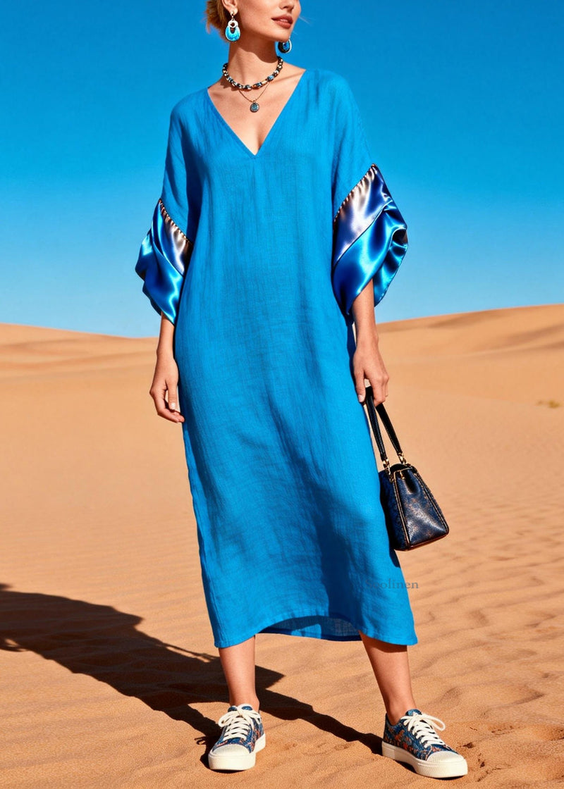 Blue V Neck Silk Patchwork Dress Summer