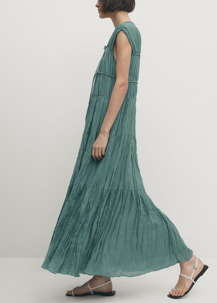 Blue V Neck Wrinkled Lace Up Cotton Long Dresses Summer