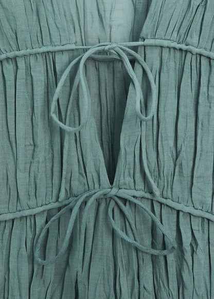 Blue V Neck Wrinkled Lace Up Cotton Long Dresses Summer