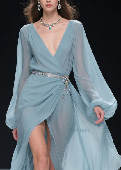 Blue V Neck Wrinkled Side Open Long Dresses Lantern Sleeve
