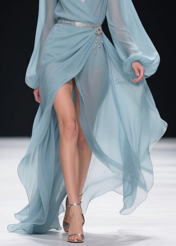 Blue V Neck Wrinkled Side Open Long Dresses Lantern Sleeve