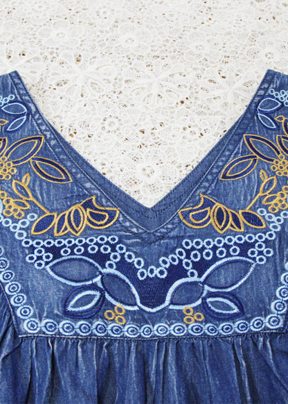 Blue V Neck Wrinkled Embroideried Cotton Party Dress Half Sleeve