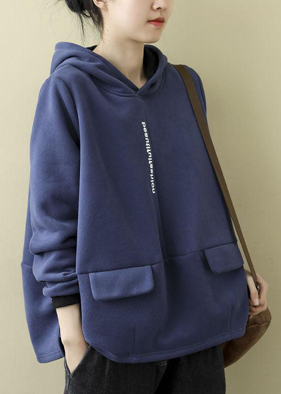 Blue Warm Fleece Hooded Pullover Sweatshirt Winter