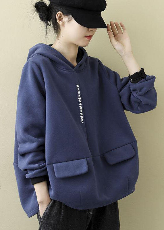 Blue Warm Fleece Hooded Pullover Sweatshirt Winter