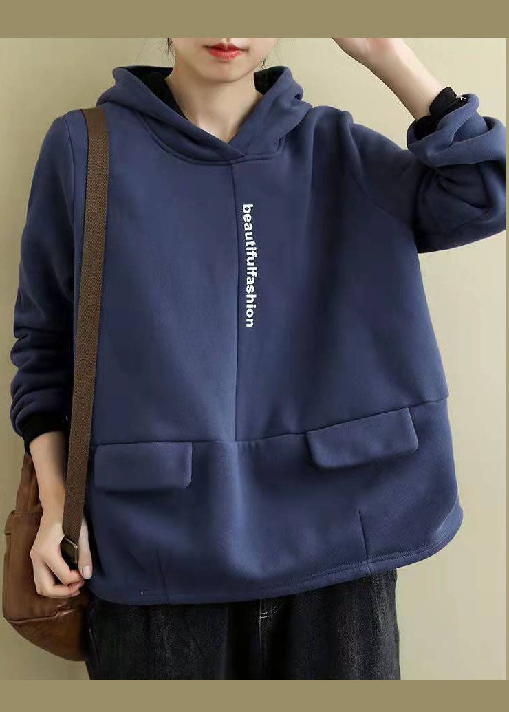 Blue Warm Fleece Hooded Pullover Sweatshirt Winter