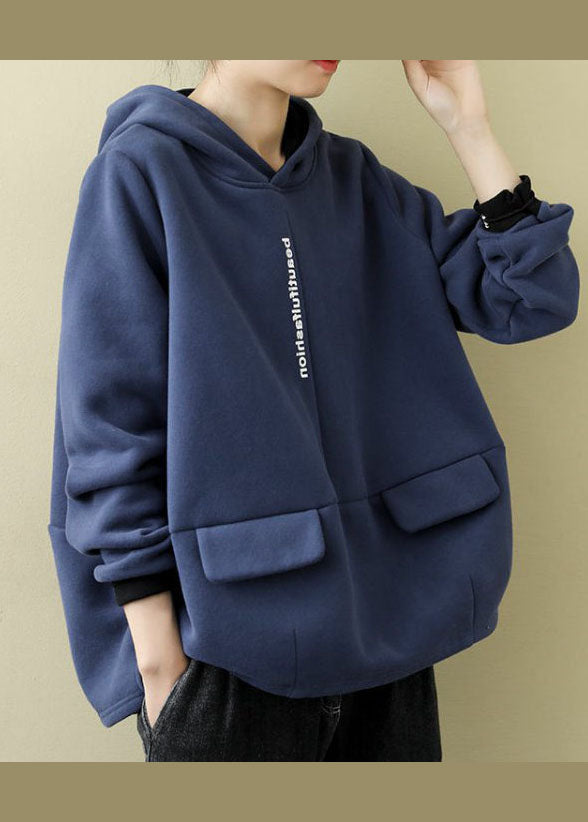 Blue Warm Fleece Hooded Pullover Sweatshirt Winter