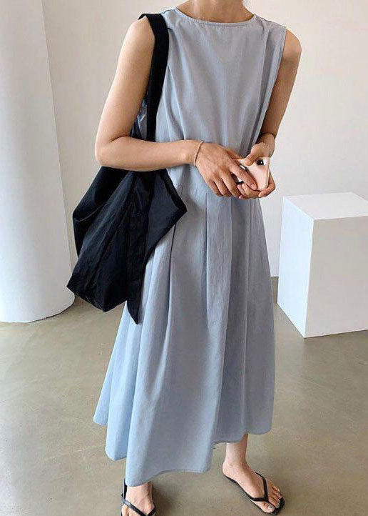 Blue Wrinkled Button Patchwork Wear on Both Sides Cotton Dresses Sleeveless