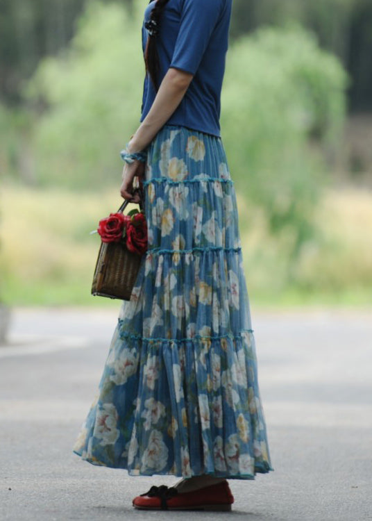 Blue Wrinkled Print Lace Up Exra Large Hem Silk Skirt Spring