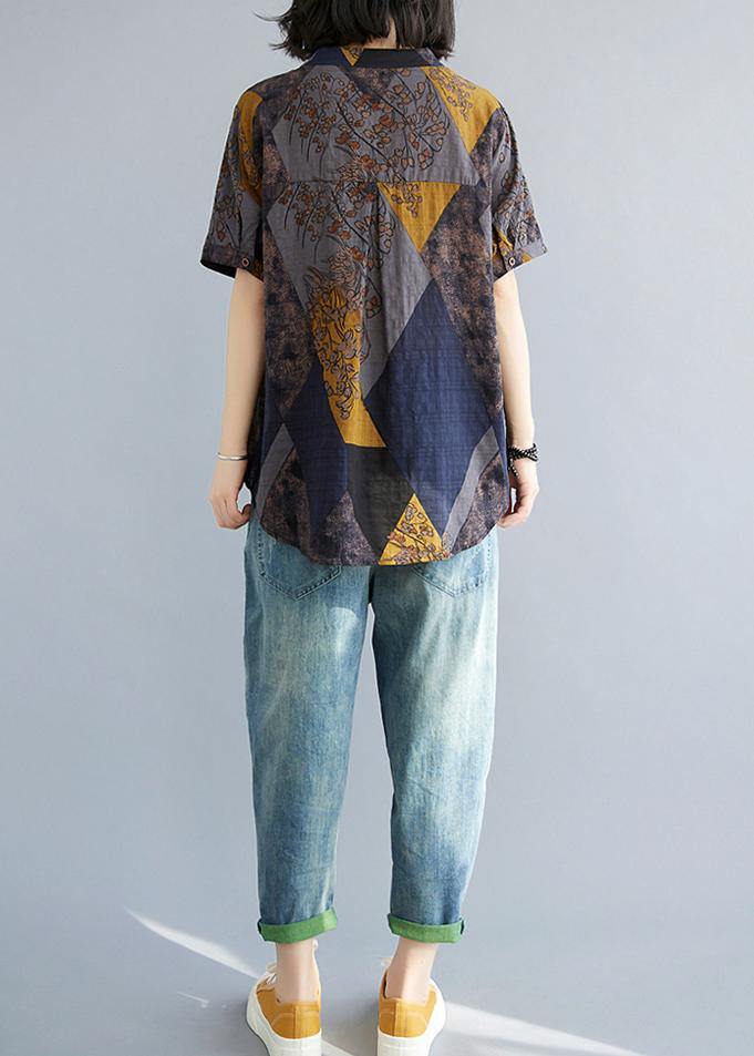 Blue Yellow V Neck Cotton Linen Blouse Tops Summer