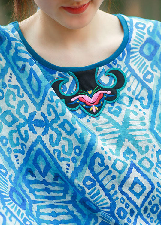 Blue Asymmetrical Design O-neck Embroideried Print Tops Spring