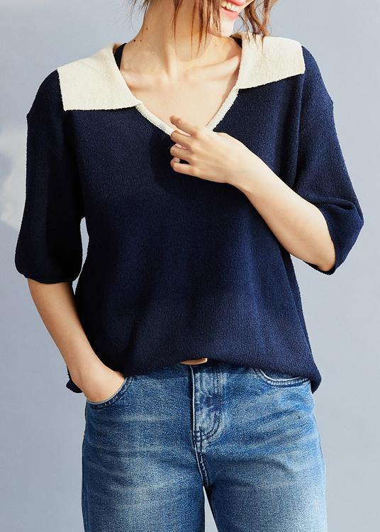 Blue Cotton Blouse Polo Collar Oversized Summer Shirt Style