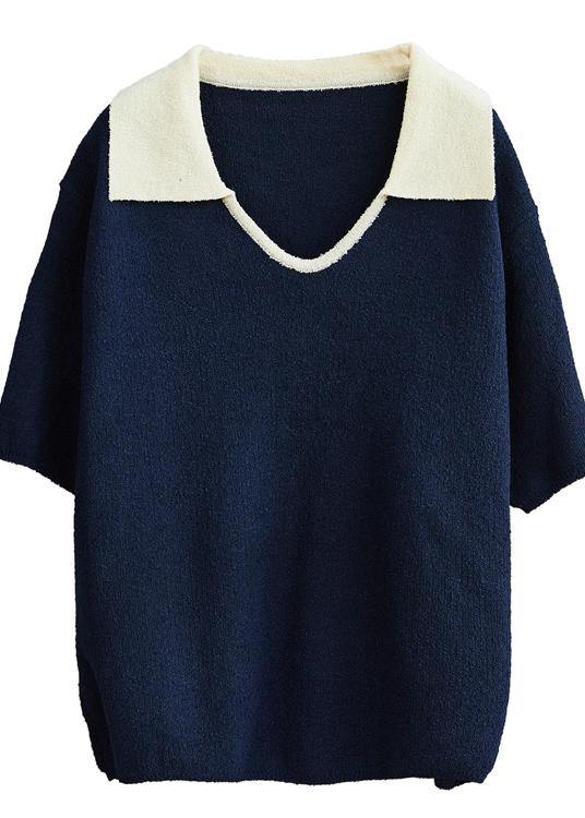 Blue Cotton Blouse Polo Collar Oversized Summer Shirt Style