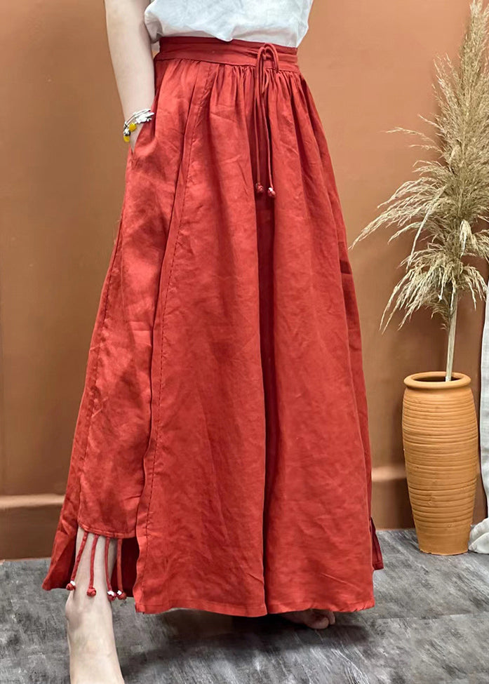 Blue Elastic Waist Drawstring Tassel Pockets Linen Skirts Spring