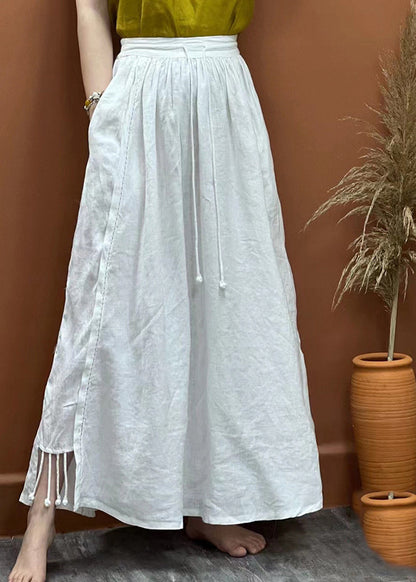 Blue Elastic Waist Drawstring Tassel Pockets Linen Skirts Spring