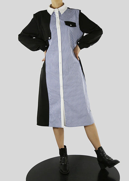 Blue Tie Waist Peter Pan Collar Striped Patchwork Shirt Dresses Spring