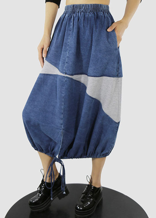 Blue White Elastic Waist Drawstring Patchwork Denim Skirt Spring