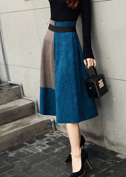 Blue Zippered High Waist Patchwork Faux Suede Skirts Fall