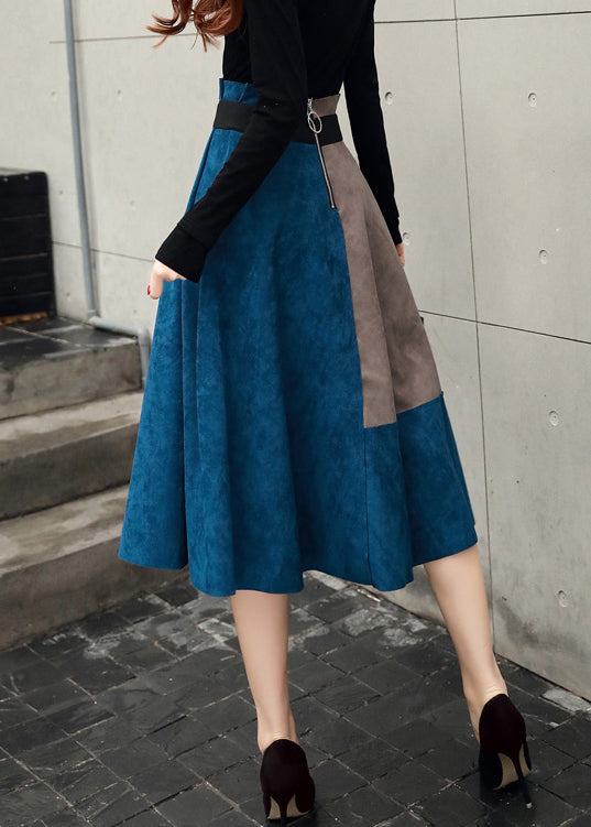Blue Zippered High Waist Patchwork Faux Suede Skirts Fall