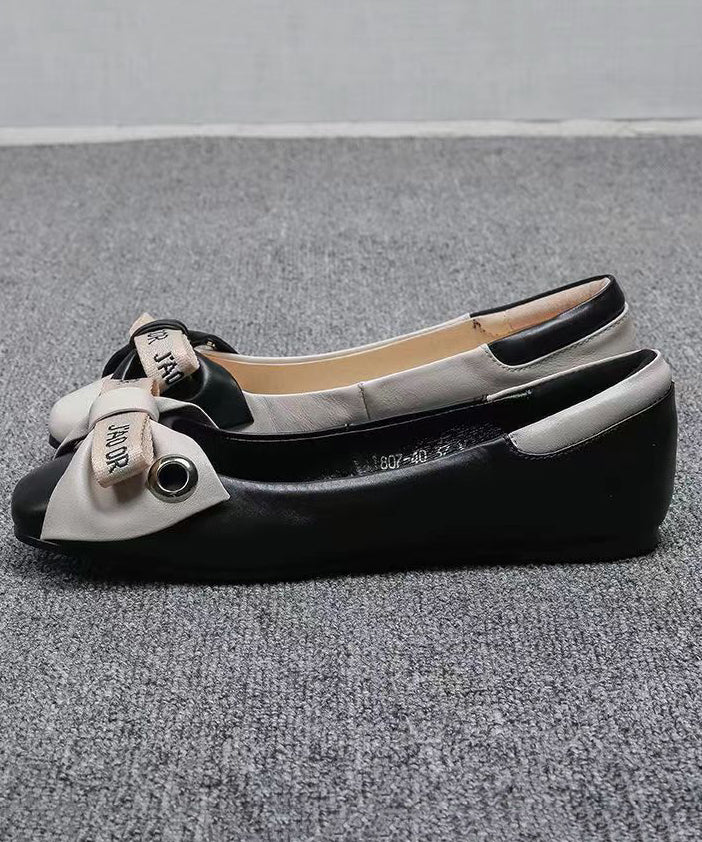 Bow Splicing Comfortable Flat Shoes Beige Faux Leather