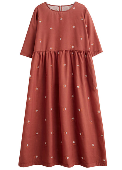 Brick Red Cinched Print Linen Dress Half Sleeve