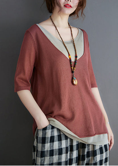 Brick Red Patchwork Knit Tanks Summer