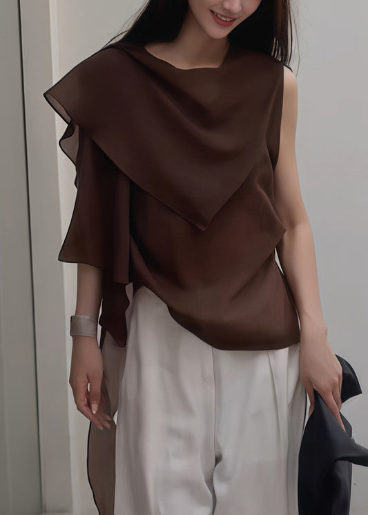 Brown Asymmetrical Chiffon Tank Tops Summer