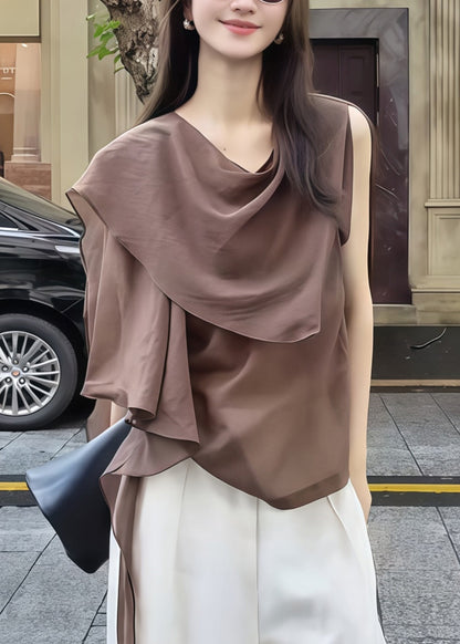 Brown Asymmetrical Chiffon Tank Tops Summer