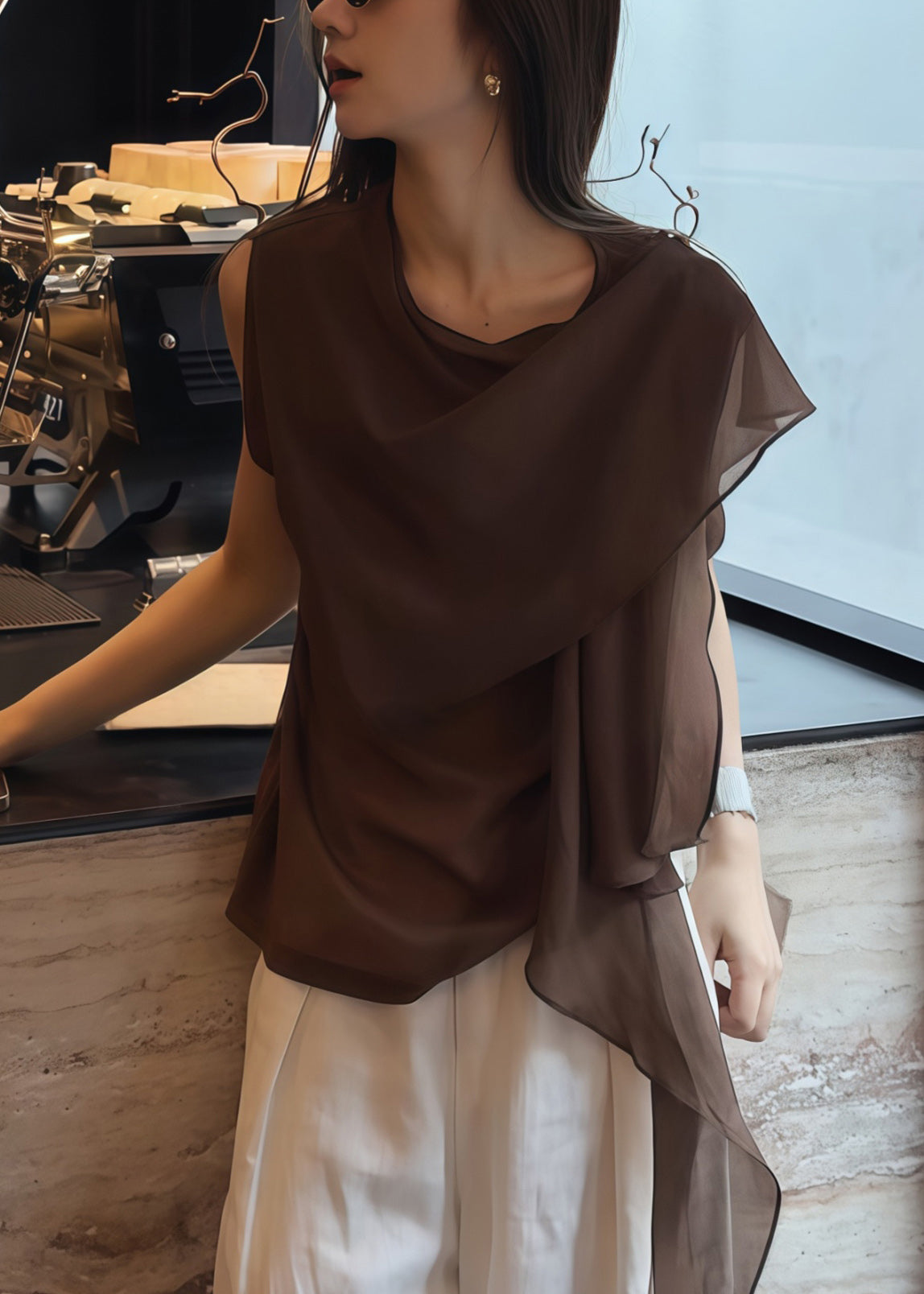 Brown Asymmetrical Chiffon Tank Tops Summer