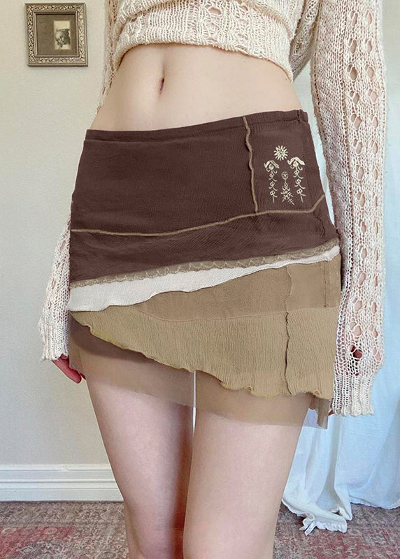 Brown Asymmetrical Embroideried Tulle Patchwork Skirt Summer