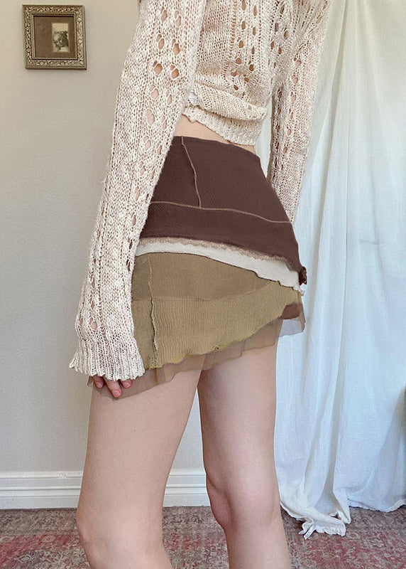 Brown Asymmetrical Embroideried Tulle Patchwork Skirt Summer