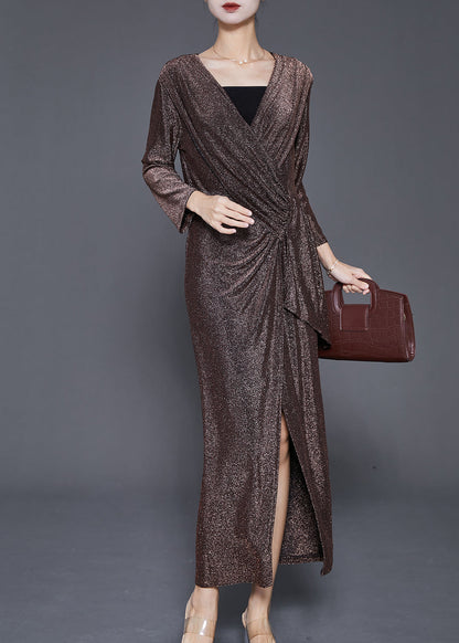 Brown Asymmetrical Side Open Silk Velour Dresses Fall