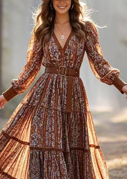 Brown Cinched Exra Large Hem Cotton Party Dress Spring