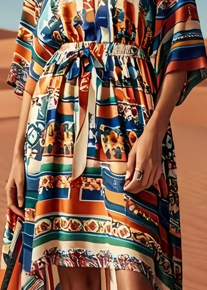 Brown Cinched Print Silk Beach Dress Summer