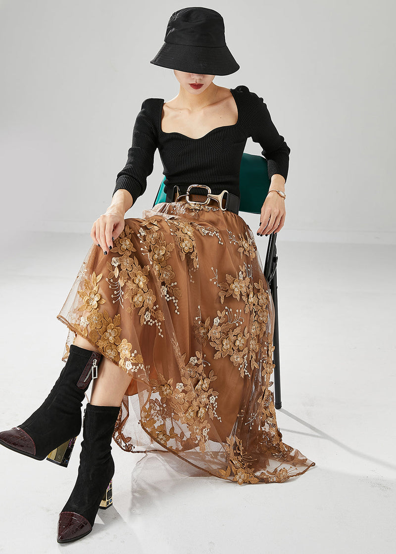 Brown Elastic Waist Embroideried Tulle Skirts Fall
