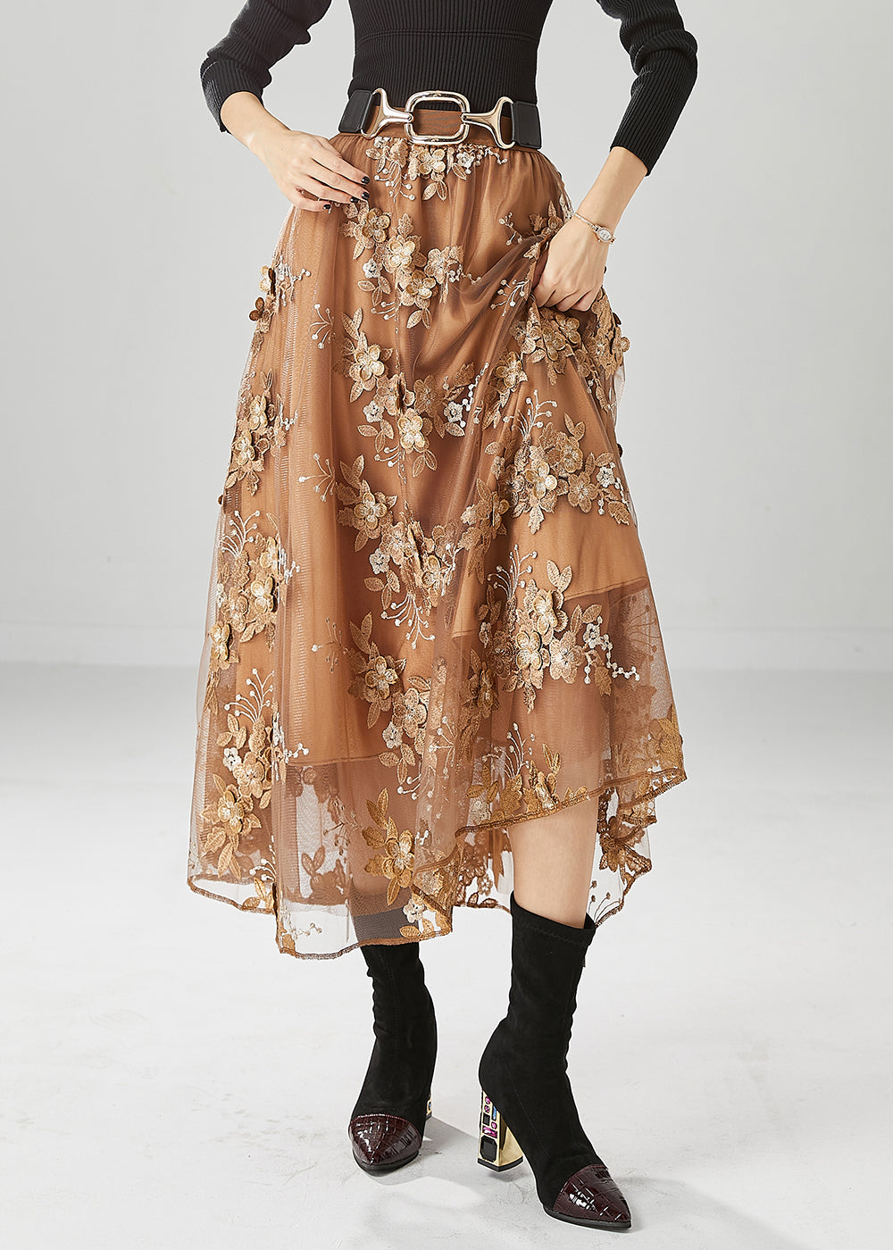 Brown Elastic Waist Embroideried Tulle Skirts Fall